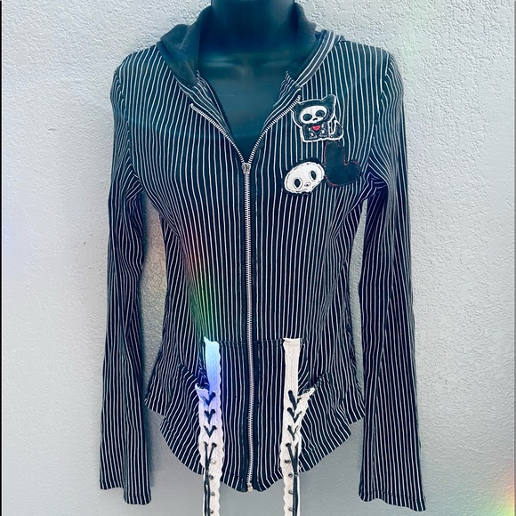 Skelanimals by Tripp NYC Pinstriped Hooded Sweatshirt - FITS LIKE WOMEN’S SMALL - Picture 2 of 6
